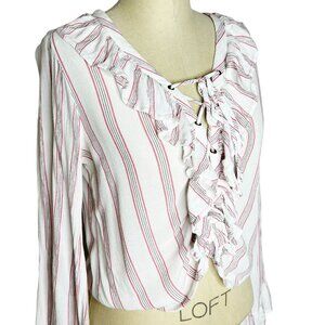 American Eagle Top Womens Size M White Red Black Striped Lace Up Ruffle